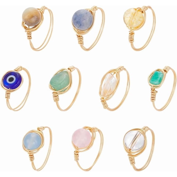 10Pcs Rings 10 Styles Adjustable Gemstone Rings Copper Wire Wrapped Ring Irregular Colorful Gem Ring for DIY Women