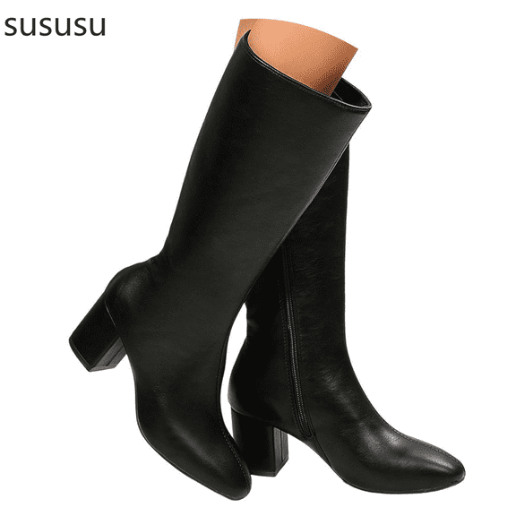 Fashion Round Toe Heel Platform Mid Calf Boots for Women Zip Up Leather Ankle Booties Comfortable Casual Winter Footwear with Non- Sole