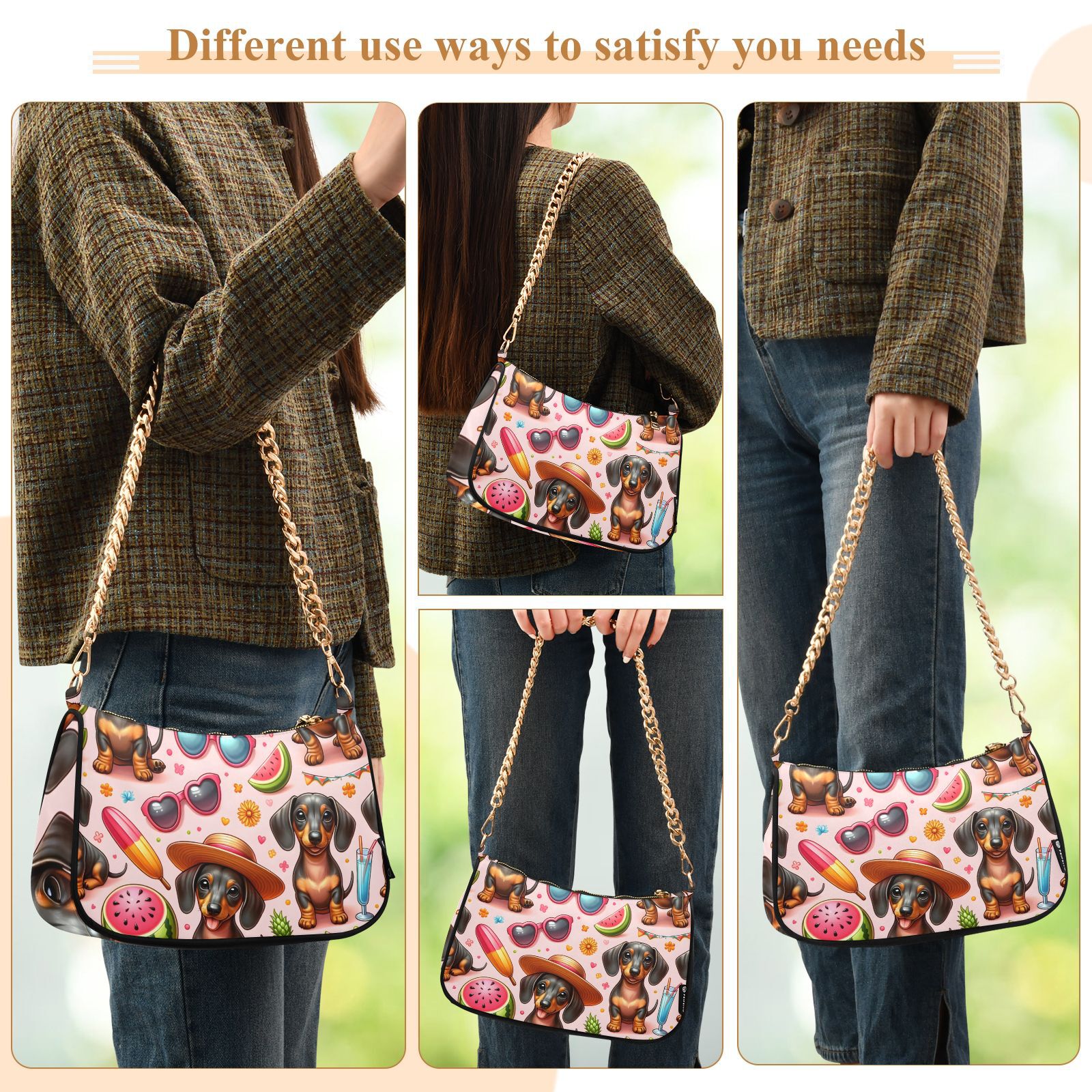 Dachshund Dogs WatermelonWomen Small Shoulder Bag Crossbody Tote Hobo Bags Purse Clutch Handbags with Chain Strap for Women