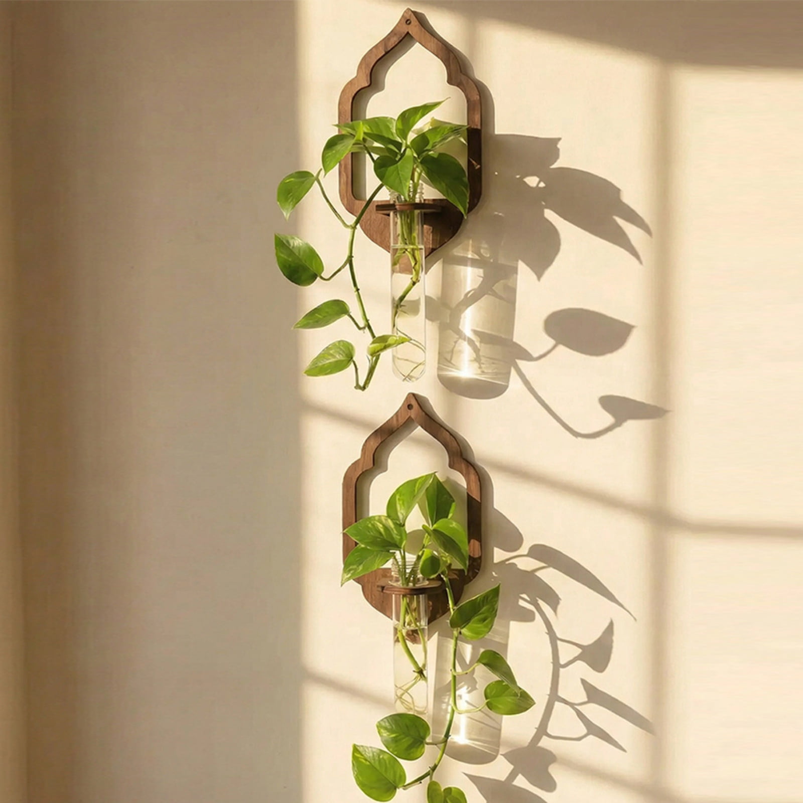 Wooden Lantern Shaped Wall Hanging Planter Propagation Station Glass Flower Vase for Hydroponics Plants, Bathroom, Home Office Living Room Decor Gift