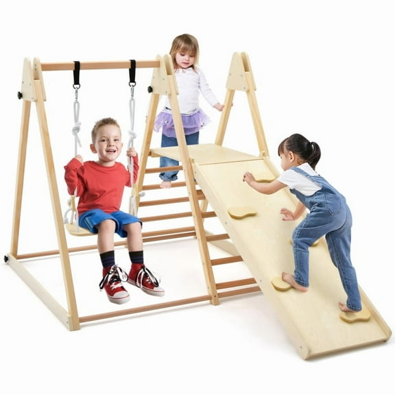 CIPACHO 5-in-1 Indoor Jungle Gym, Foldable Climber Playset with Fun Slide and Adjustable Swing, Indoor Playground Climbing Toys for Toddlers