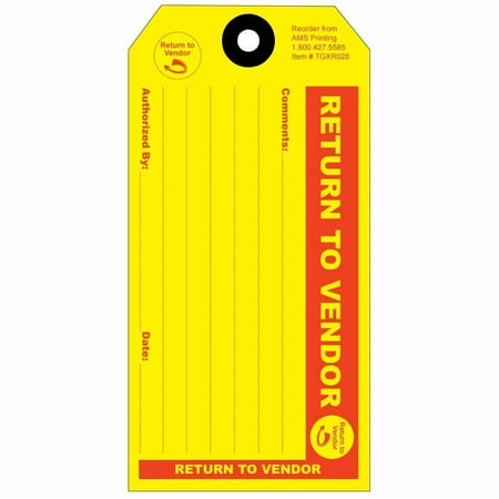 Return to Vendor - Production Quality Control Tags. Quality Equipment Status Tag with Reinforced Eyelet. Material: Made from Durable 13 pt Card Stock. Tag Size: 2 5/8 x 5 1/4. Pack of 100