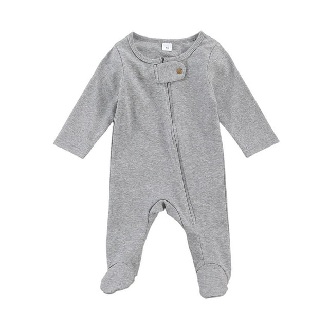 Faithtur Solid Color Romper, Long Sleeve Round Neck Zip-up Footed Jumpsuit