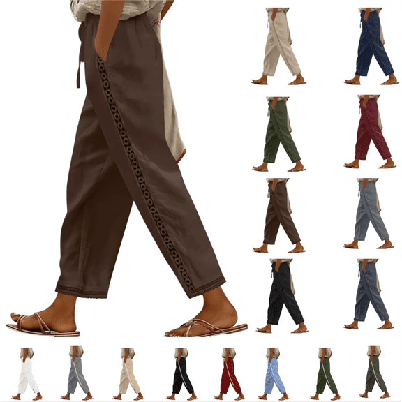 Nmnitkp Linen Pants Women Fashion 2026 Casual Lightweight Drawstring Elastic Waist Pants with Pockets Brown,L