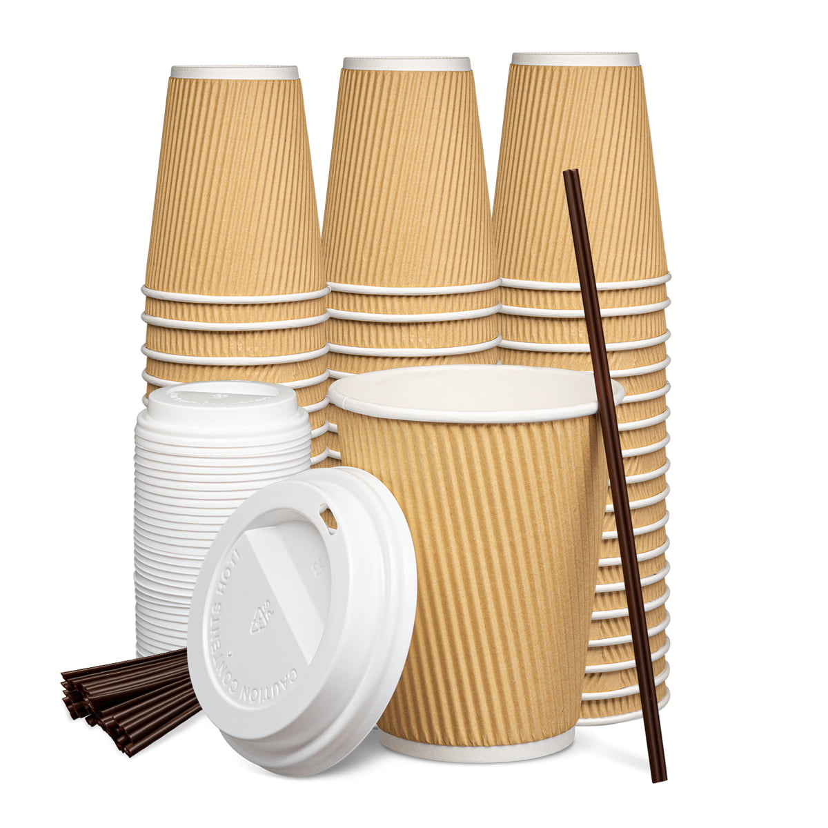 [100 Sets - 12 oz.] Insulated Ripple Paper Hot Coffee Cups With Lids