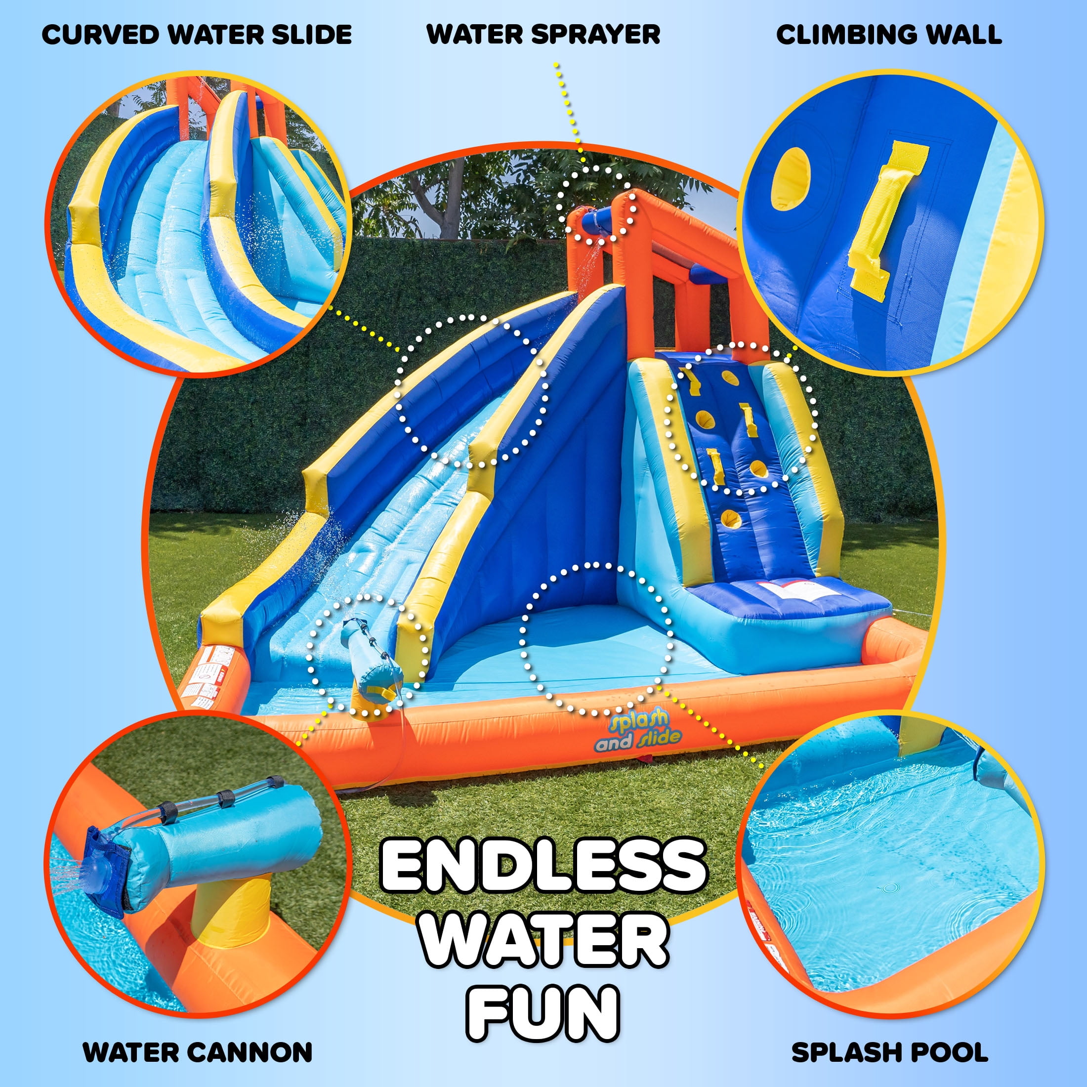 Sportspower Big Wave II Inflatable Water Slide with Climbing Wall & Splash Pool, Kids Backyard Water Park with Blower, Outdoor Ages 3–8