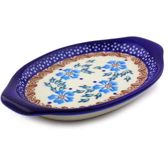 Polish Pottery 6½-inch Tray with Handles (Blue Cornflower Theme) Hand Painted in Boleslawiec, Poland   Certificate of Authenticity