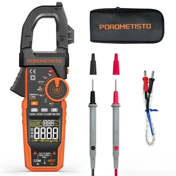 POROMETISTO CM06Pro Clamp Meter, True-RMS Auto-Ranging 1000A AC/DC Current, NCV Detection, Measures Voltage/Resistance/Capacitance/Temperature, with Flashlight & Color Screen