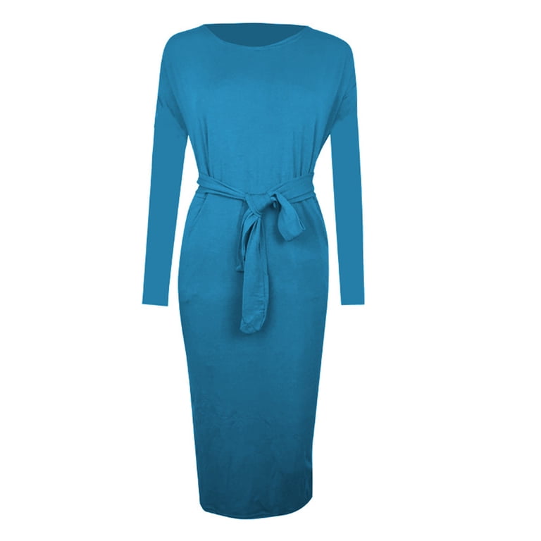 YHAJDS Women's Fall Winter Casual dress,Women's Dresses Casual Dress Long  Sleeve Dress Solid Color Round Neck Belted Pocket Fitted Dress for Women ...