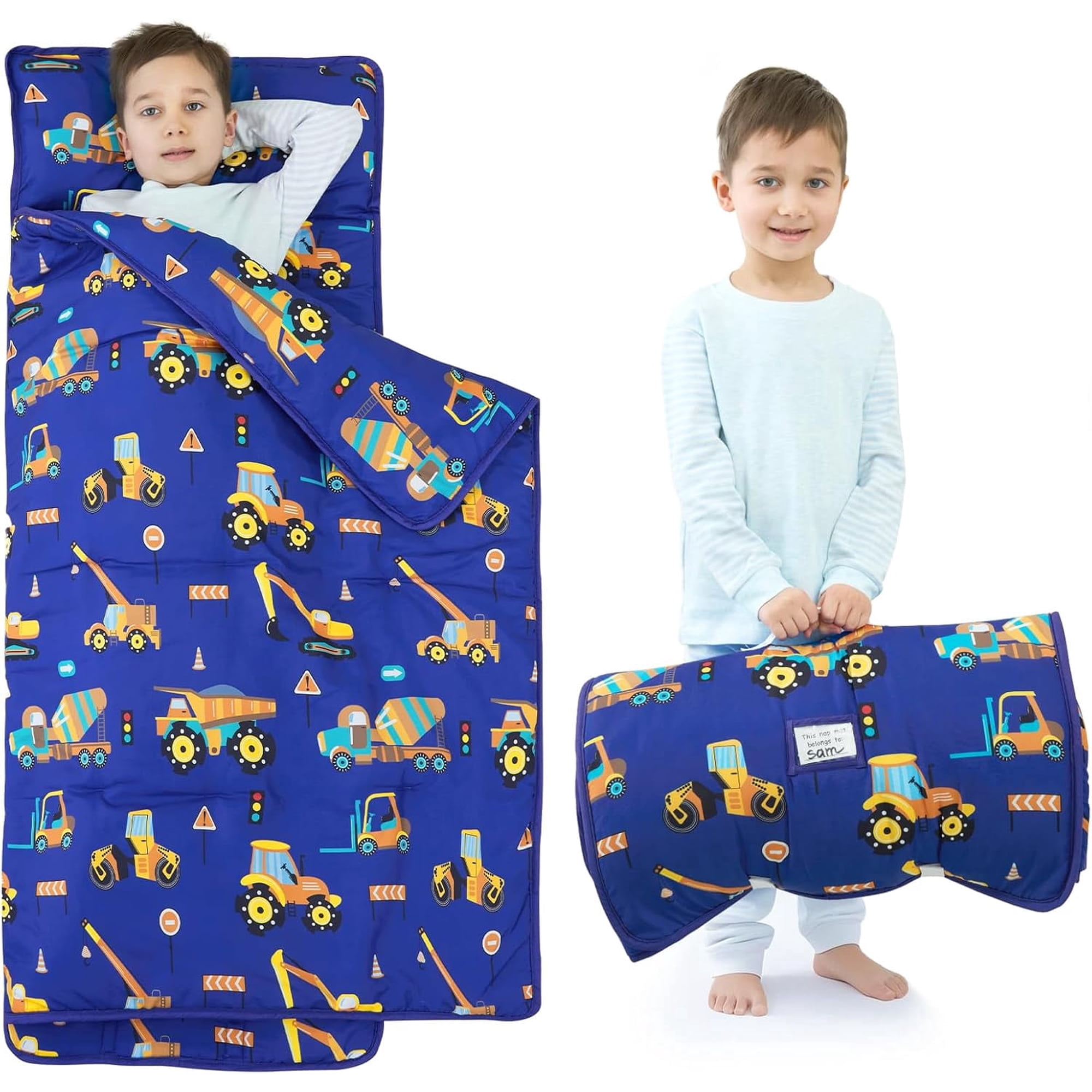 Toddler Nap Mat Boys Kids Nap Mats with Removable Pillow and Blanket Engineering Vehicle Toddler Sleeping Bag for Preschool Daycare Blue Excavator 53x21 Inch