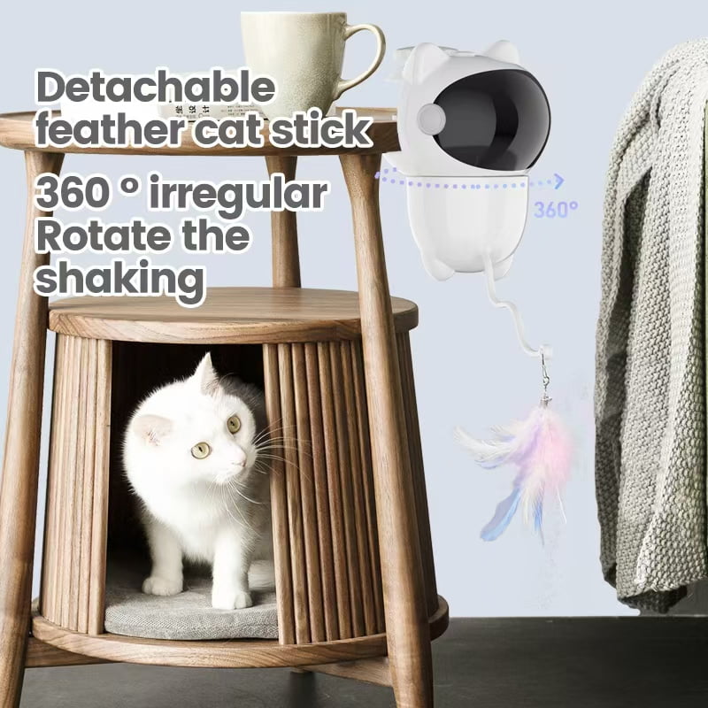 360° Rotating Laser Feather Cat Toy with 4 Replacement Pendents, White & Black Cat Head