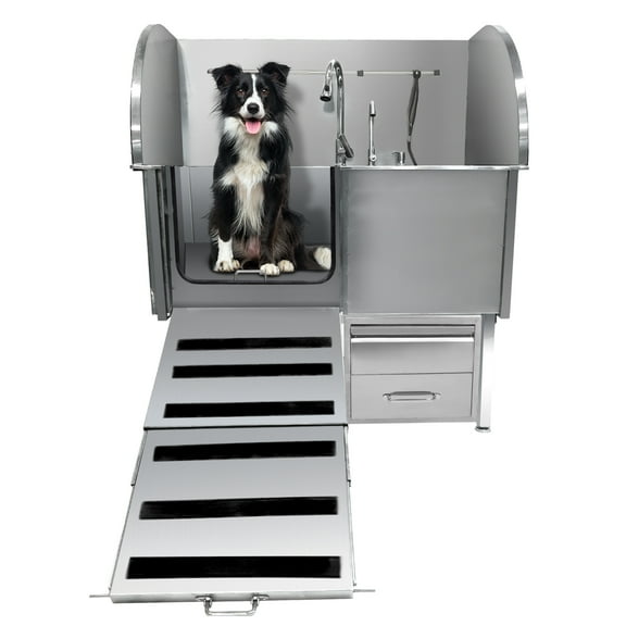 BouPower Professional Dog Washing Station,Stainless Steel Pet Wash Sink & Grooming Bathtub w/Shower,Foldable Ramp,Floor Grates and Storage for Large,Medium & Small Pets