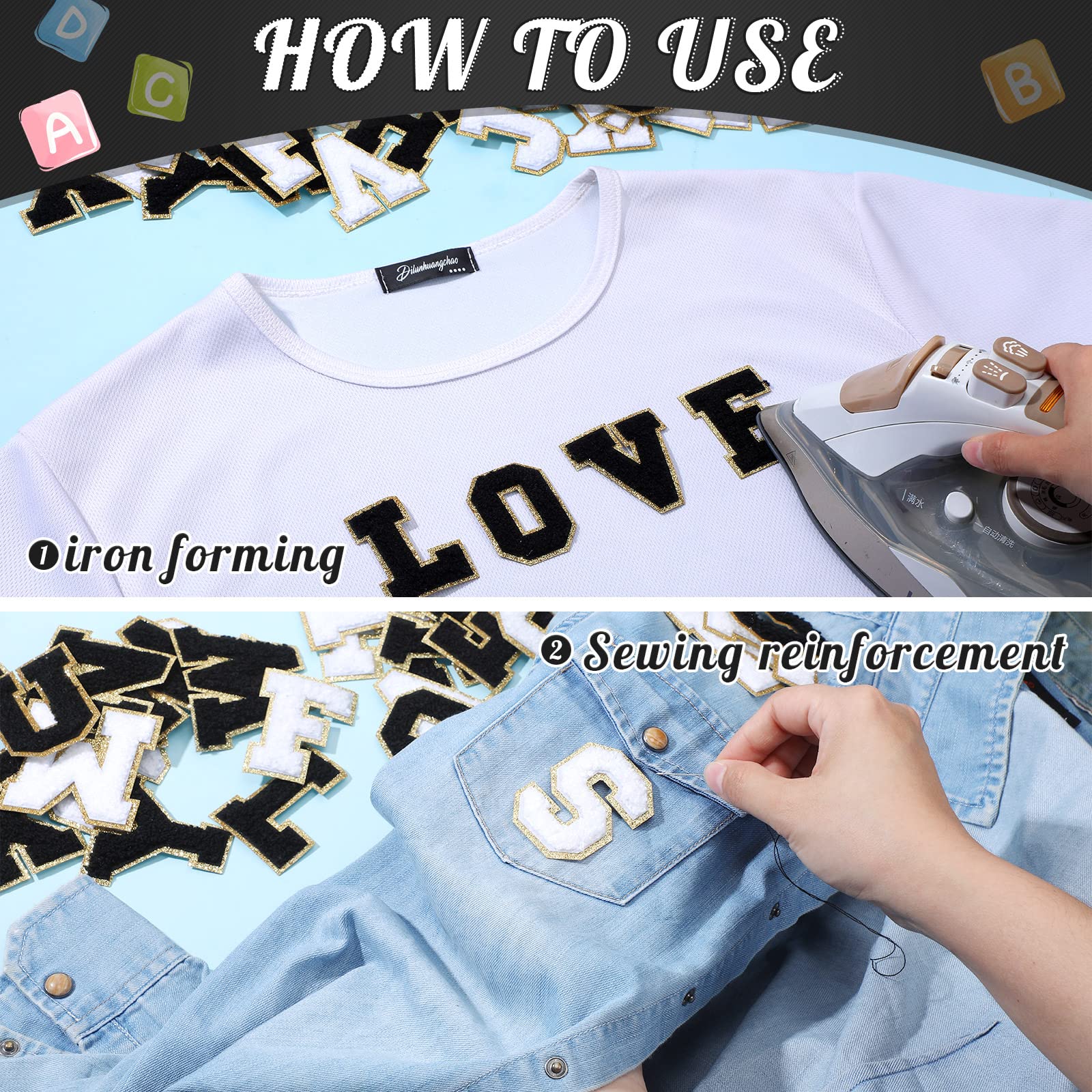104pcs Letter Patch Iron on Chenille A-Z Repair Alphabet Applique Patches Embroidered Letter Sew on with Golden Border for Bags Shirts