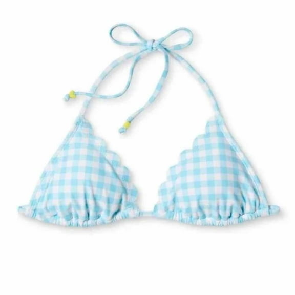 Stoney Clover Lane Women's Gingham Scalloped Triangle Bikini Top - (Blue Checked, Medium)