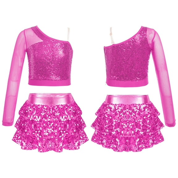 iiniim Kids Girls Modern Jazz Hip Hop Outfits Sequin Crop Top with Mini Skirt Dancewear Hot Pink 14