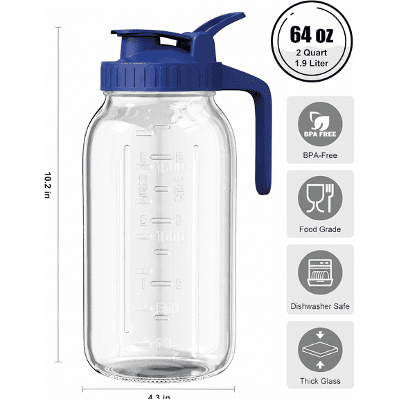64oz Glass Pitcher with Lid, 2 Quart Mason Jar Pitchers, Ultra-thick Glass, Leak Proof, Wide Mouth Breast Milk Glass Jug, Cold Brew Coffee, Fridge Container for Water, Juice, Sun Tea - Blue