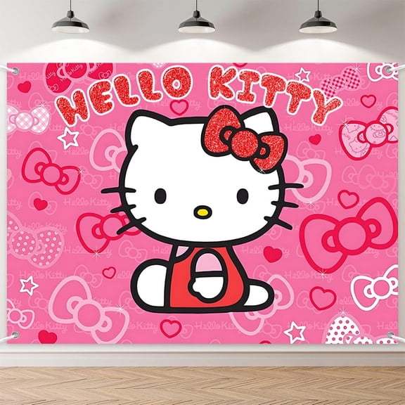 7x5ft Pink Kawaii Cat Bowknot Pentagram Birthday Backdrop for Girl