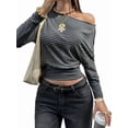 thumbnail image 2 of Women's Striped Off-Shoulder Cinched Waist Long Sleeve Top Gray S, 2 of 9