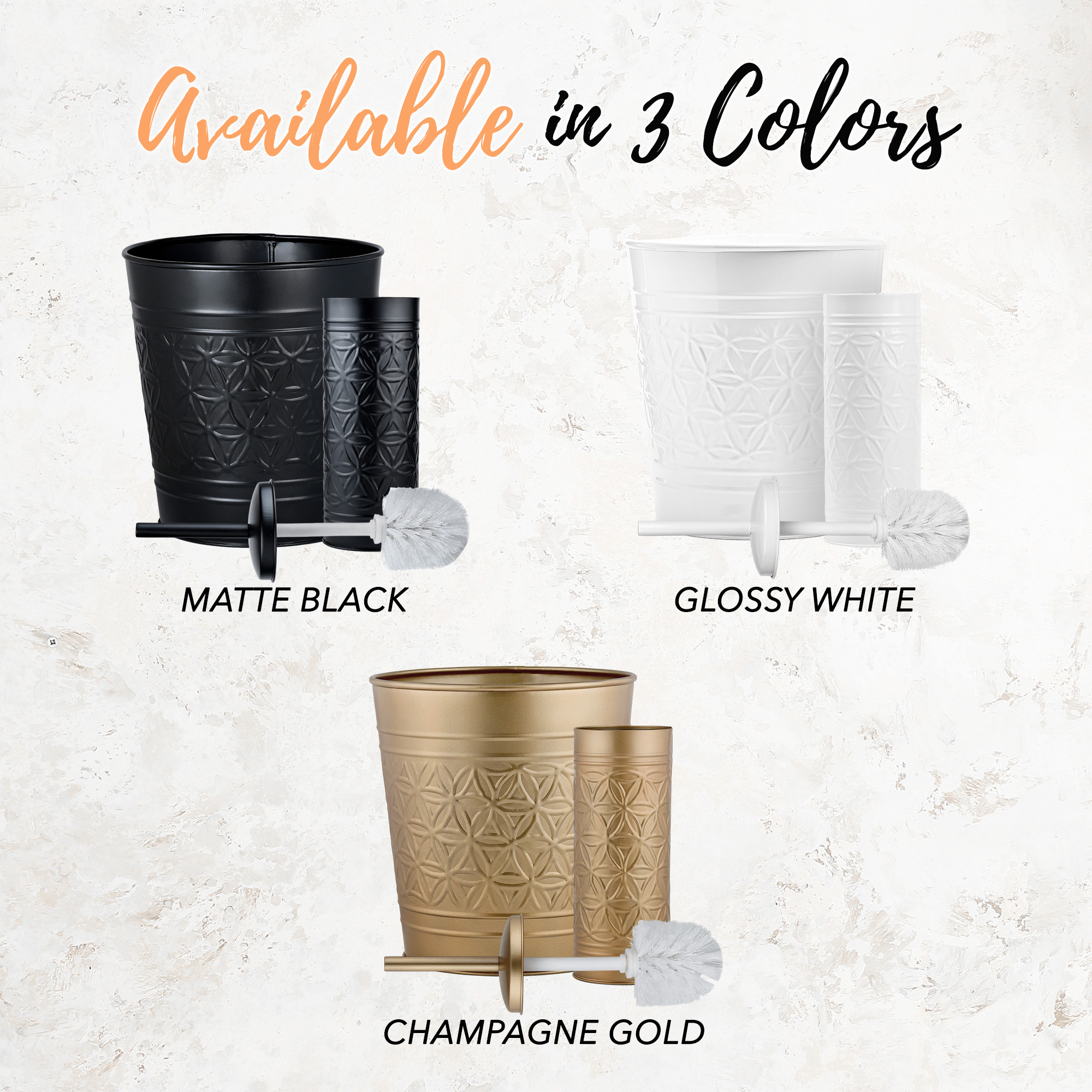 Autumn Alley Farmhouse Gold Bathroom Accessories Set – Includes Gold Bathroom Trash Can & Toilet Brush with Holder, Handcrafted Modern Waste Bin & Standing Toilet Brush, Embossed Metal Design Décor