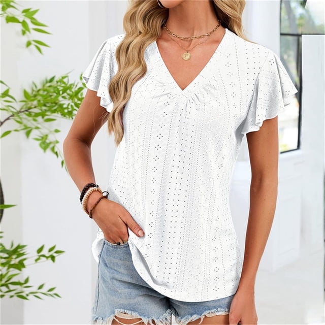 Xuyuer Women's Summer Casual Notched V Neck Solid Color Short Sleeve Work Blouse T-Shirt Top