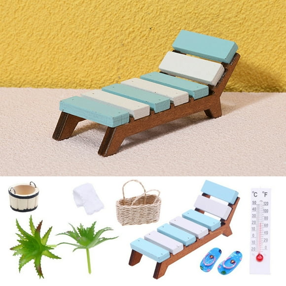 1 Set Dollhouse Miniature Sauna Kit Mini Wooden Deck Chair Towel Slippers Basket Bucket Plants Thermometer Model Toy Summer Beach Scene Decoration Prop