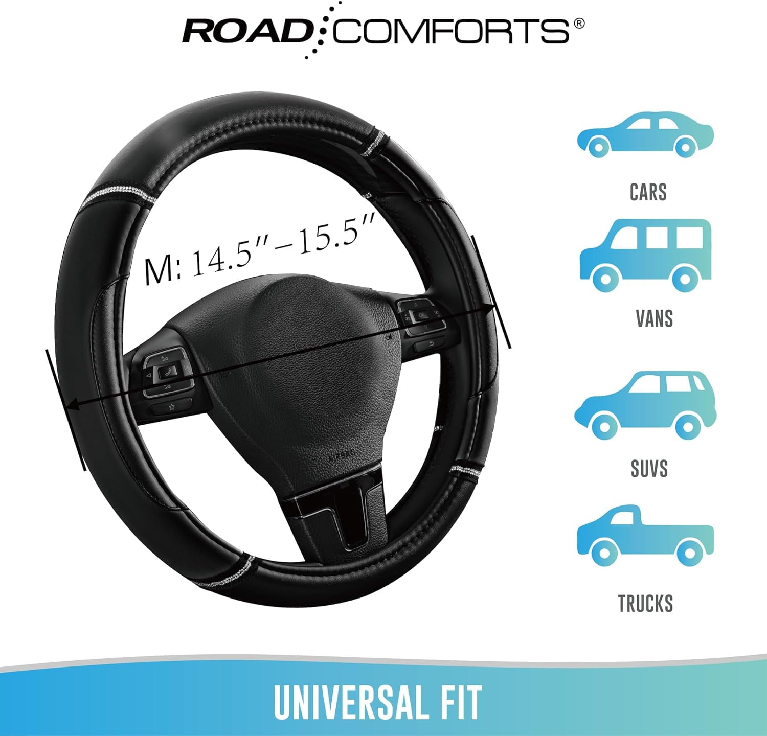 Leather Steering Wheel Cover - Made with PVC Leather - Anti-Slip, Universal Fit 14 1/2 inches to 15 inches - Black