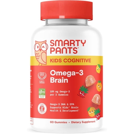 SmartyPants Kids Vitamins Cognitive Omega-3 Brain Gummies with DHA & EPA, Citrus Strawberry, 60 Count (30 Day Supply)