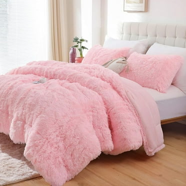 MMZP Fluffy Queen Comforter Set, Faux Fur Pink Comforter Set Queen Size, Luxury Fuzzy Bedding Set, Soft Shaggy Bed Set Pink for All Season, 3 Pieces - 1 Comforter & 2 Pillowcases