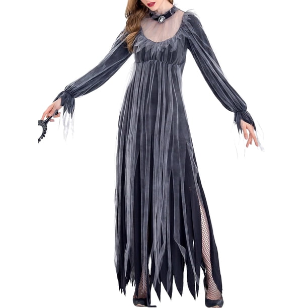 Sunloudy Disfraz de Cosplay de Halloween para Mujer, Vestido de Novia de Malla de Manga Larga de Longitud Completa con Accesorio de Gargantilla para Niñas, 2 Colores Sunloudy moda