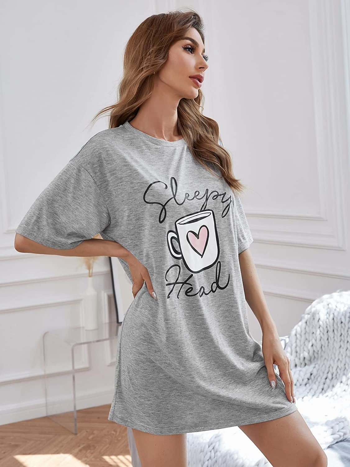 Floerns Women's Funny Lingerie Nightgown Cute Print Tshirt Sleepdress White  XS at  Women's Clothing store
