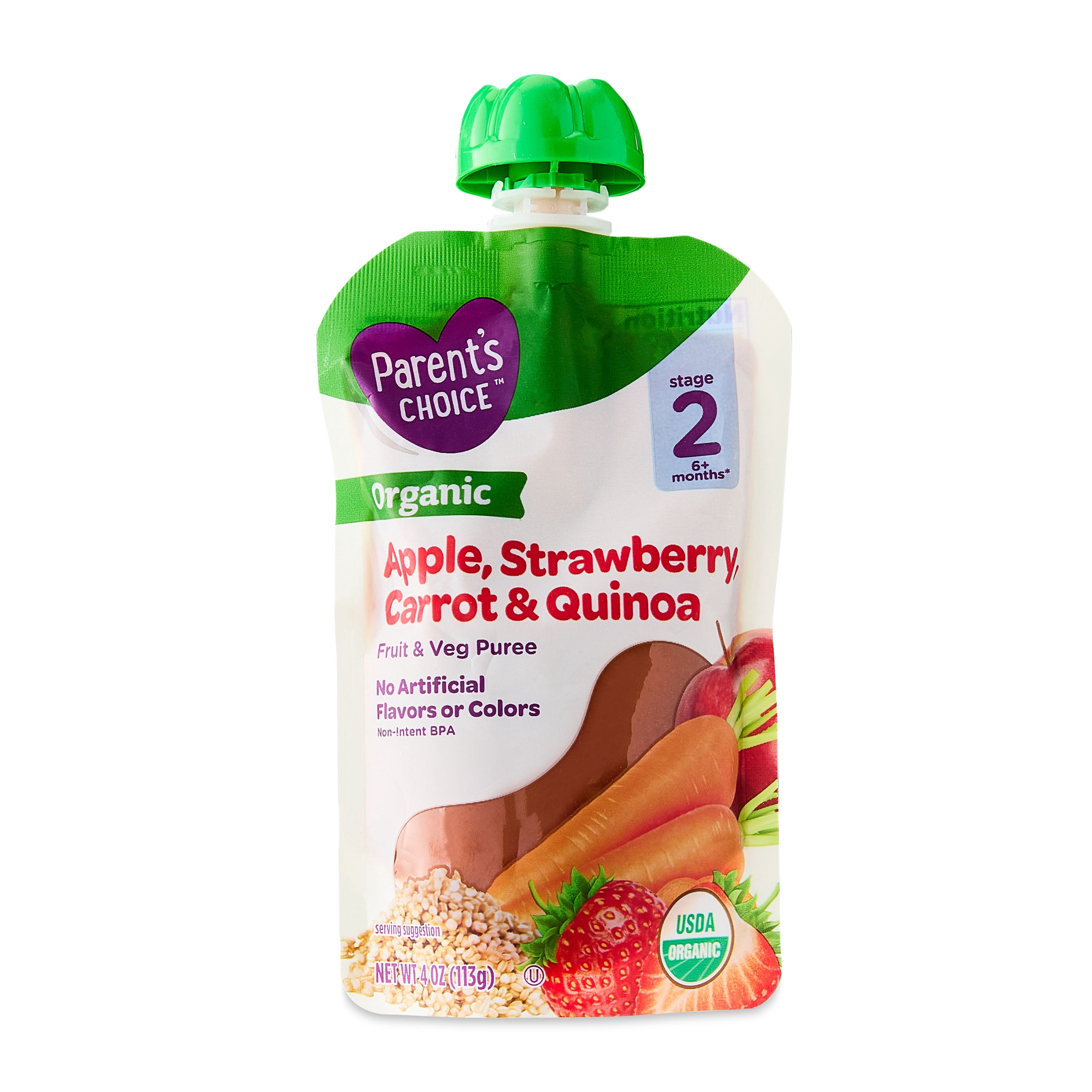 (3 pack) Parent's Choice Organic Stage 2 Baby Food Apple, Strawberry, Carrot & Quinoa, 4 oz Pouches, 4 Pack
