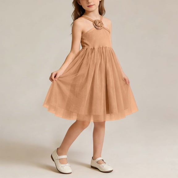 DAETIROS Girls Party Dress Flower Girl Halter Tulle 3D Flower Formal Wedding Birthday Dress Coffee Brown 12M-10 Years,Size 2-3 T