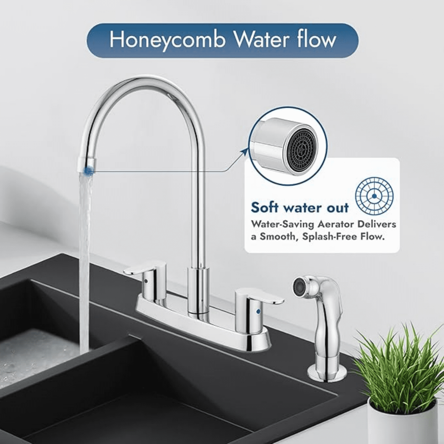 8 Inch Centerset Kitchen Faucet for Sink 3 Hole Dual Handle Kitchen Sink Faucets High Arc 360 Degree Rotating Spout with Supply Lines, Polished Chrome, with Side Sprayer