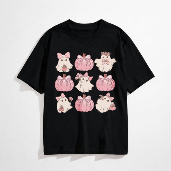 Halloween T-Shirts for Women Short Sleeve Crew Neck Flower Ghost Pumpkin Bowknot Tees Tops