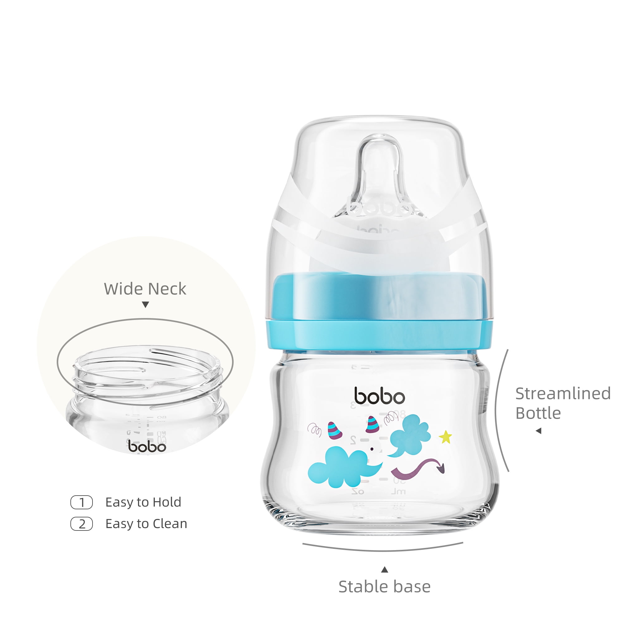YOHKOH 2.7oz Newborn Glass Baby Bottle ,Wide-Neck,Slow Flow,for 0 m+,2Pk,Blue Gift Sets