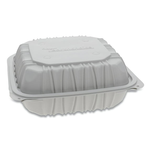 Pactiv Corp. YCNW0853 EarthChoice 8.5 x 8.5 x 3.1 3-Compartment Plastic Vented Microwavable MFPP Hinged Lid Container - White (146/Carton)