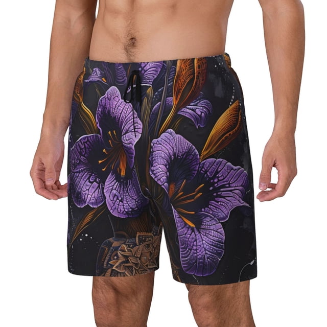 Balery Ornate Purple Floral Vase Bañador para hombre, shorts de playa de secado rápido con entrepierna y forro de compresión-3X-Large