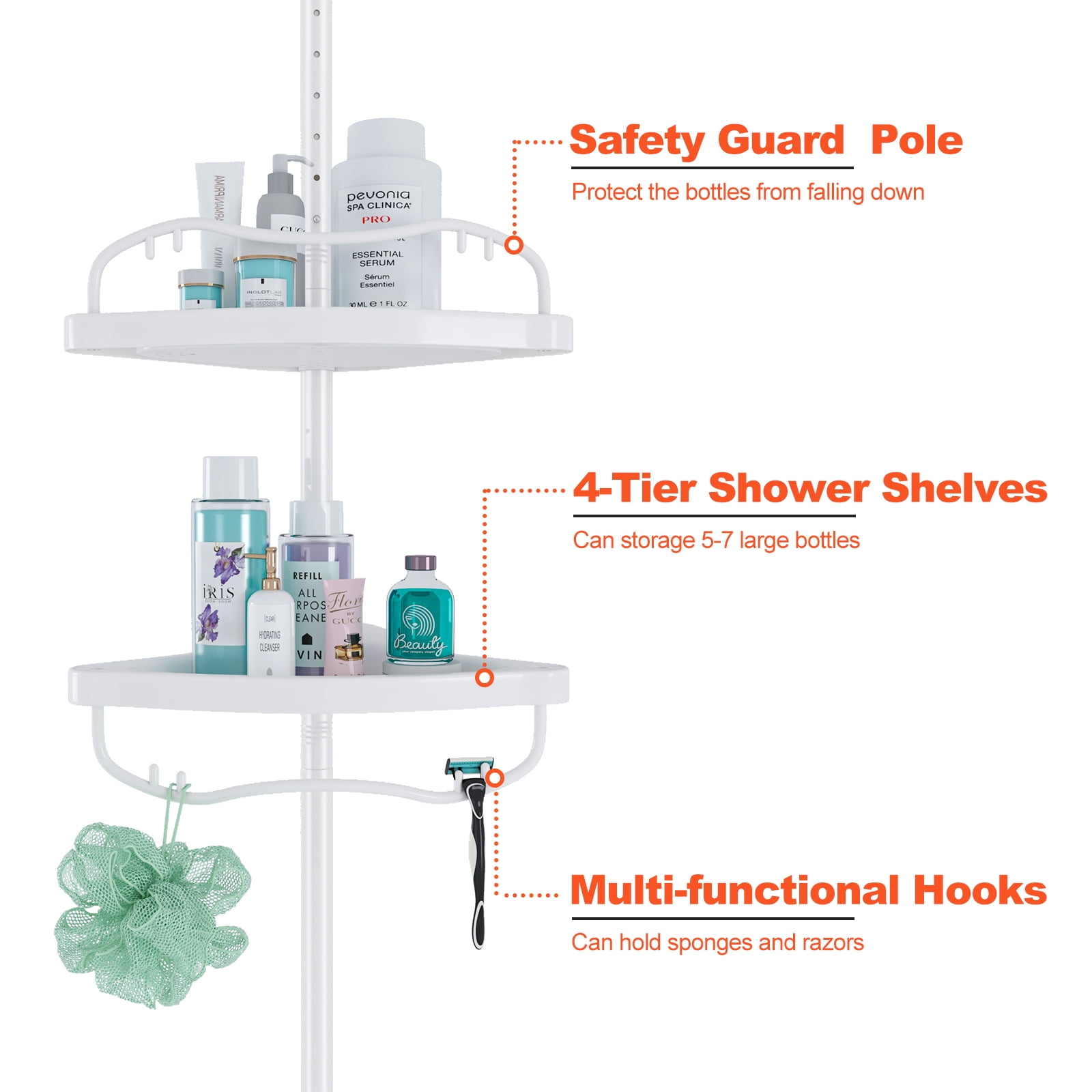 6 Tiers 95 to 116 Inch Rustproof Shower Caddy Tension Pole with 5