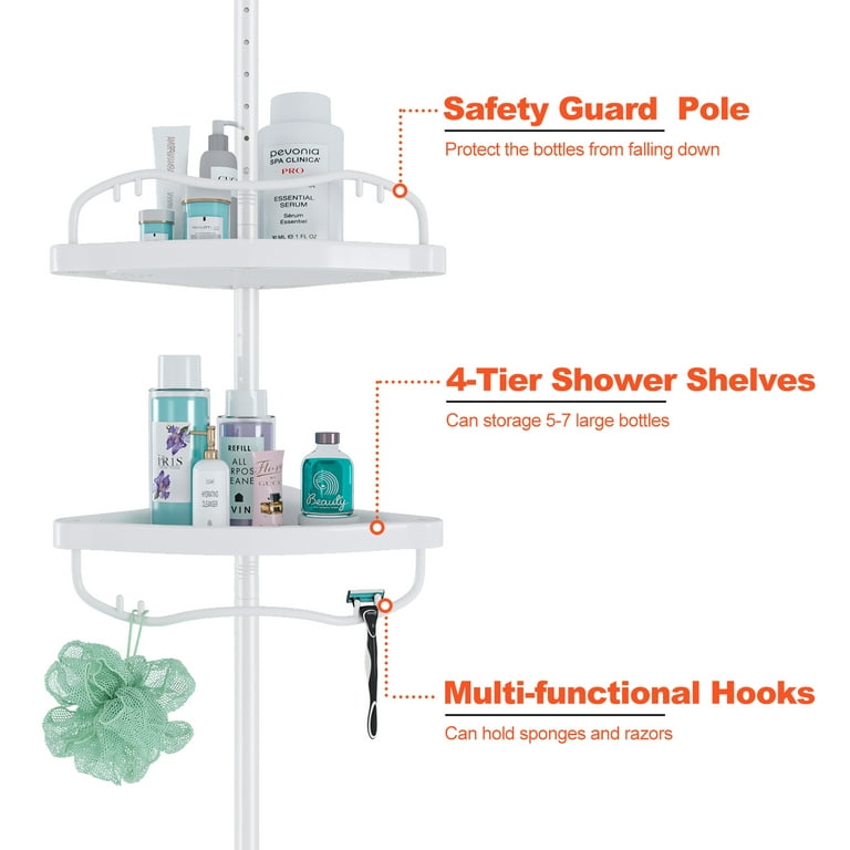YeYeBest Lilyvane Corner Shower Caddy, 4 Layer Shower Organizer, Rustproof ABS Shower Shelves with Stainless Steel Pole, Drill Free Shower Rack, Large Shower