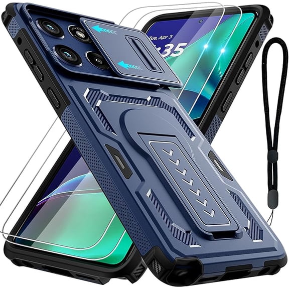 HCTian for Motorola Moto G Stylus 5G 2025 Case with 2 Pack Screen Protector, Upgrade Slide Camera Cover & Kickstand, Lanyard Strap, Military Grade Shockproof Heavy Duty Robust Bumper Phone Case