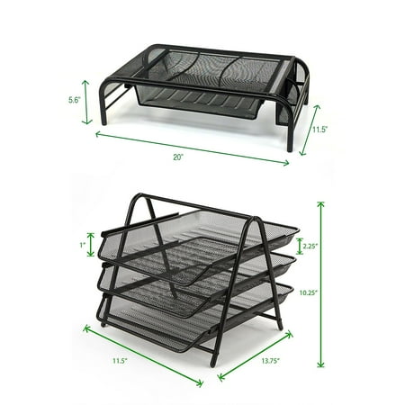 Mind Reader - Mesh Monitor Stand and 3 Tier Paper Organizer - Black