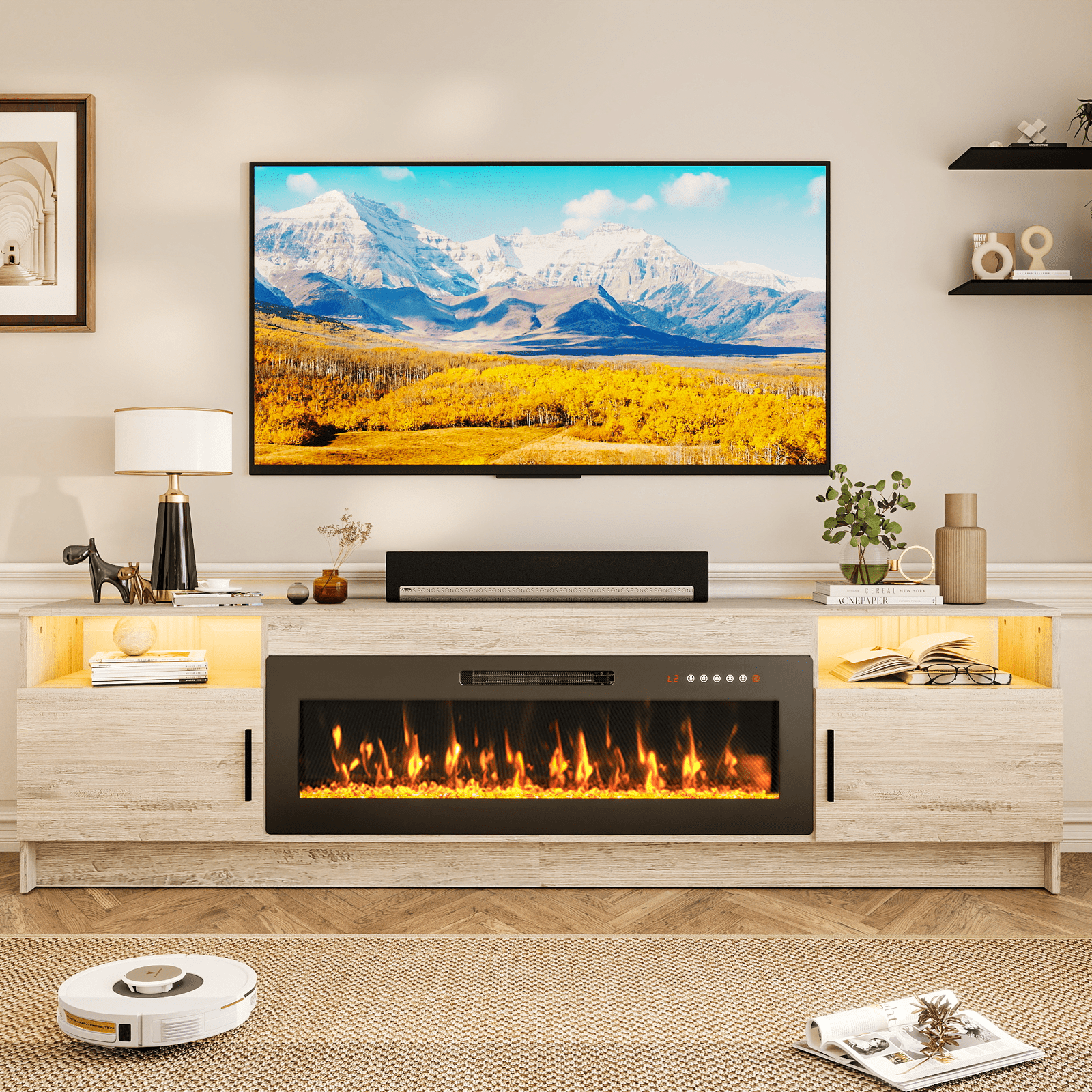 Flictozena 80" TV Stand with Fireplace and LED Lights - Entertainment Center for 90 inch TVs, Modern TV Cabinet with High-Gloss Storage Doors for Living Room, Gray
