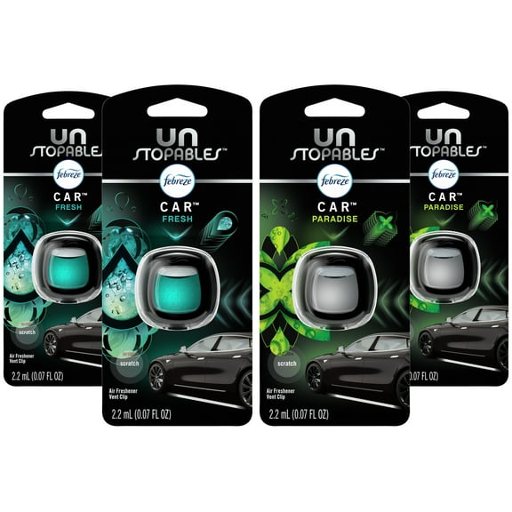 Febreze Unstopables Car Odor-Fighting Car Freshener Vent Clip, Fresh & Paradise Scent, .07 oz. Car Vent Clip, 4 Count