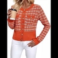 thumbnail image 3 of Blazer de A Cuadros para Mujer, Elegante, Informal, con Botones Al Frente, Cuello Redondo, Larga, Tejido Texturizado Naranja-Rojo M, 3 of 10