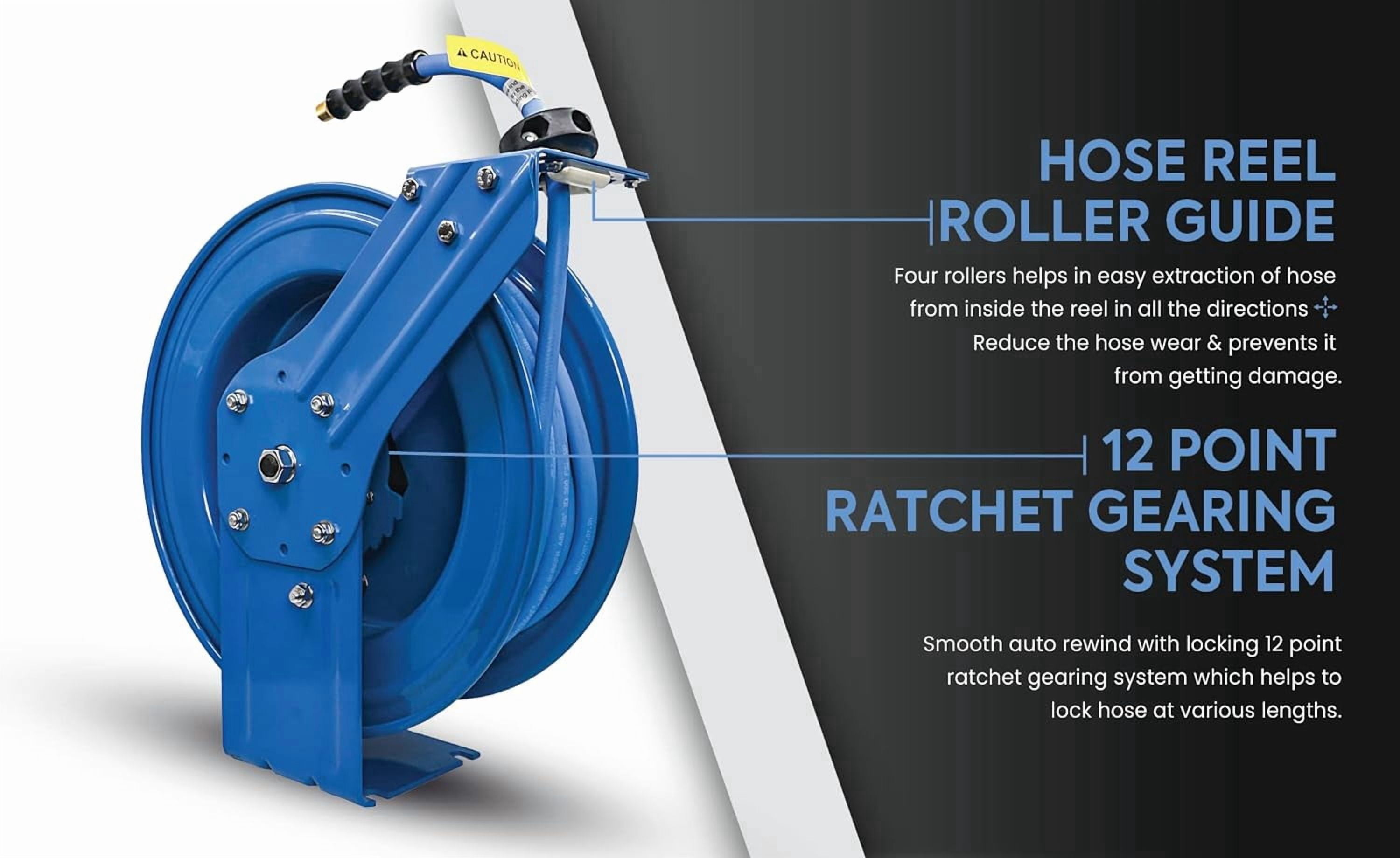 BLUBIRD BBRHD1250 18ga. Retractable Hose Reel with 1/2" X 50' Air Hose, 12 Point Ratcheting Gear, Next-Gen Rubber, Lightest, Strongest, Most Flexible, 300 PSI, -50F to 190F Degrees, Polyester Braided