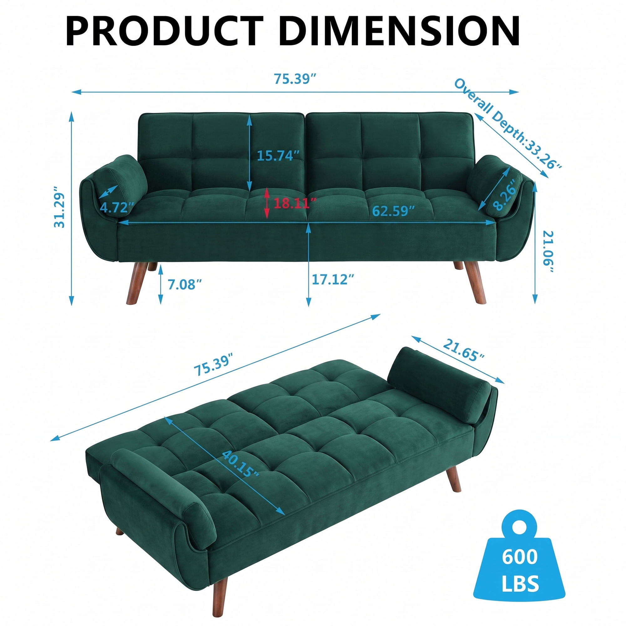 Aukfa 75" Pillow Top Arm Futon Convertible Sofa Bed, Tufted Loveseat Sleeper Couch for Home Office, Linen, Peacock Blue