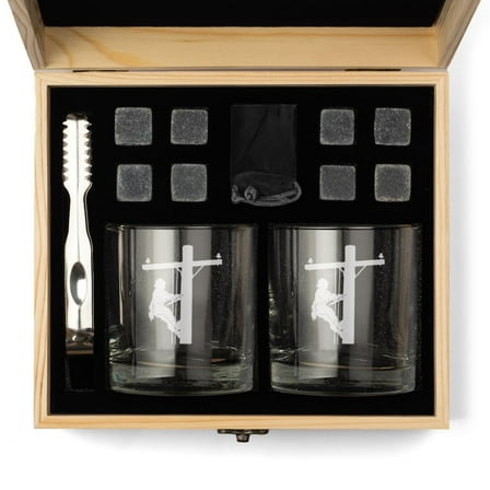 Whiskey Glass Gift Box Set with Whiskey Stones and 2 Rocks Glasses Lineman Electric Pole Climber