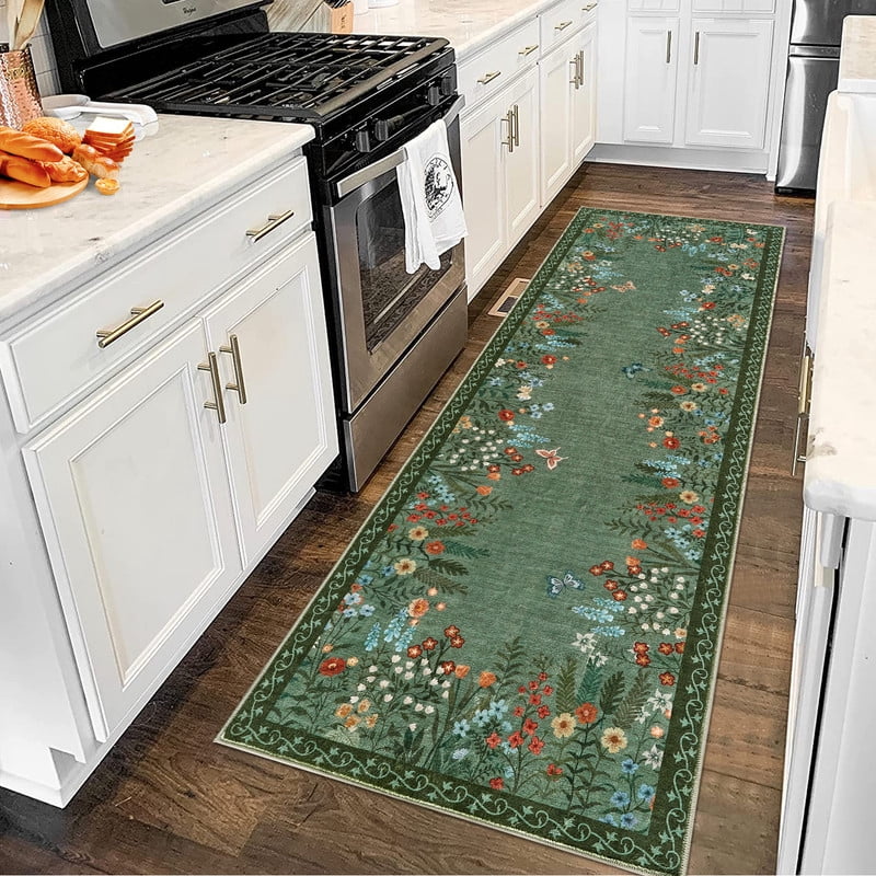 Washable 2x6 Runner Rugs, Large Living Room Rug, Non-Slip Soft Floral Rugs for Bedroom, Botanical Area Rug Carpet for Dining Room Guest Room (Green,2'x6')