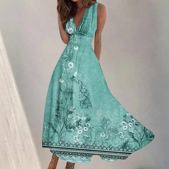 Fankiway Robe Longue Sans Manches à Col en V Imprimée Mode Printemps/été pour Femmes Robes de Plage Grande Taille pour Femmes