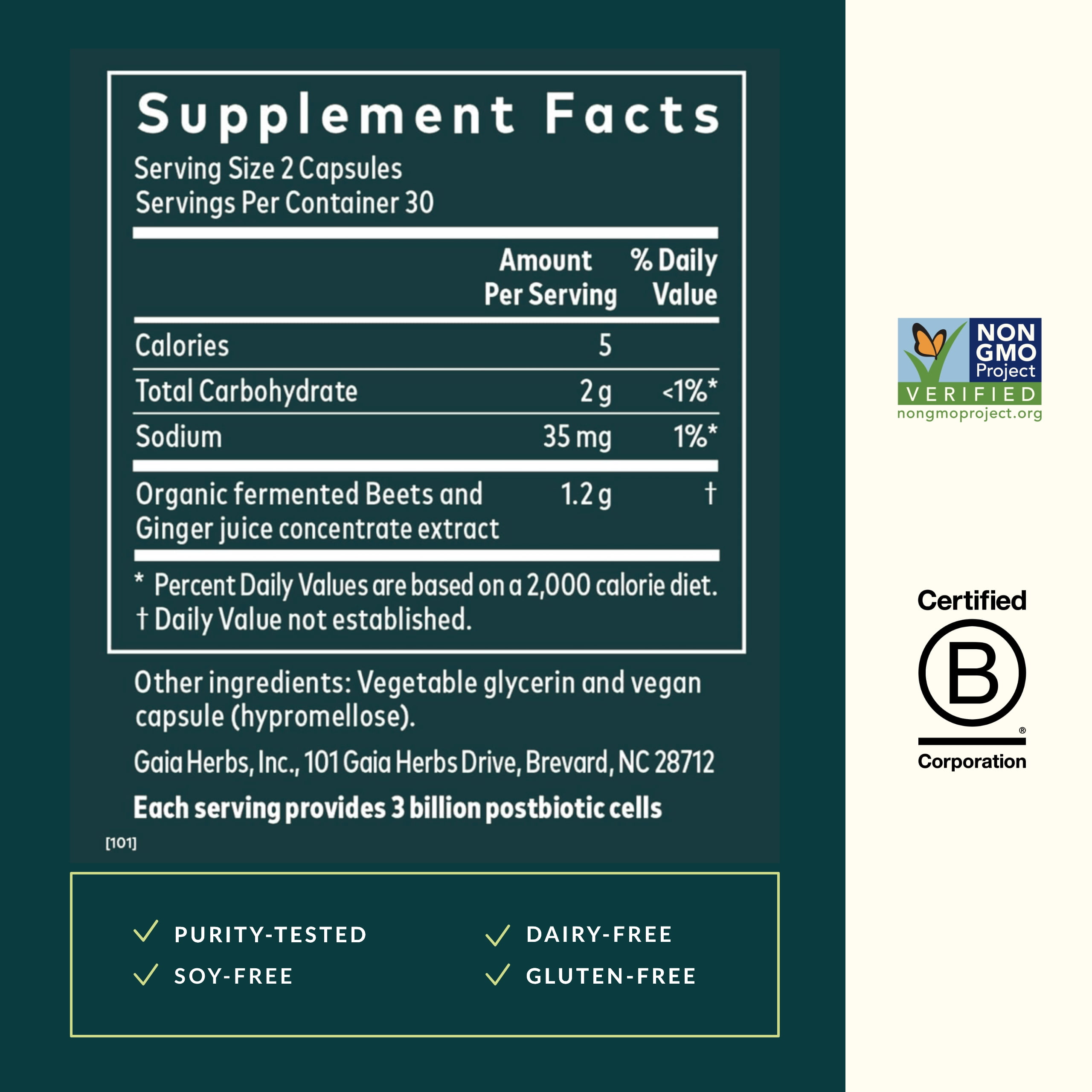 Gaia Herbs Ginger-Beet Postbiotic - Supplement for Gut & Heart Health Support* - Made with Fermented Beets & Ginger - Free from Dairy, Soy & Gluten - 60 Vegan Liquid Phyto-Caps (30 Servings)